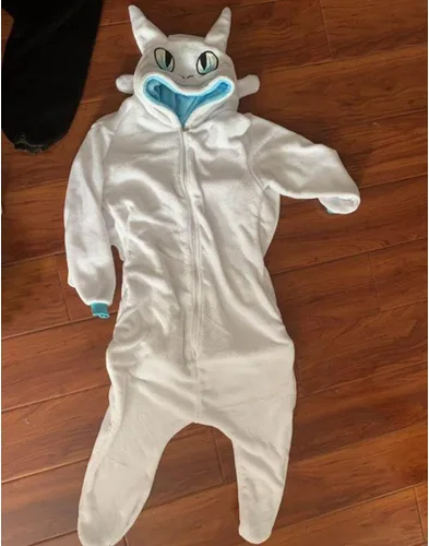 Vista 3 de Pijama sin dientes, disfraz de animal con cola de dragón, disfraz de franela de felpa, pijama de Halloween y Navidad para la familia, color blanco
