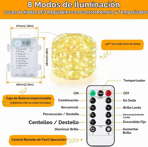 Vista 5 de Mlambert Paquete de 3 luces de hadas de 33 pies, funciona con pilas con control remoto y temporizador, impermeable, regulable, 8 modos, 100 luces