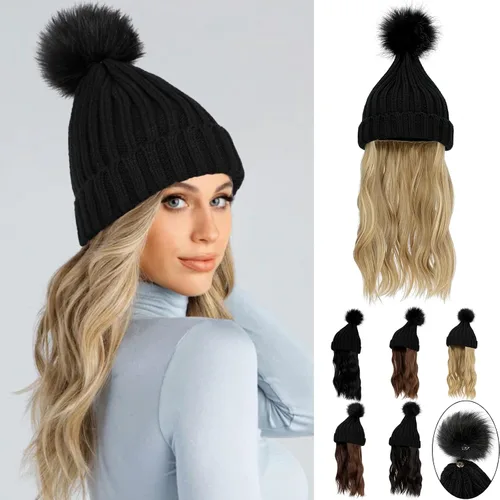Vista 7 de Gorro de peluca con extensiones de cabello largo ondulado – Gorro de punto acanalado con pompón unido 14 pulgadas rizado sintético postizo