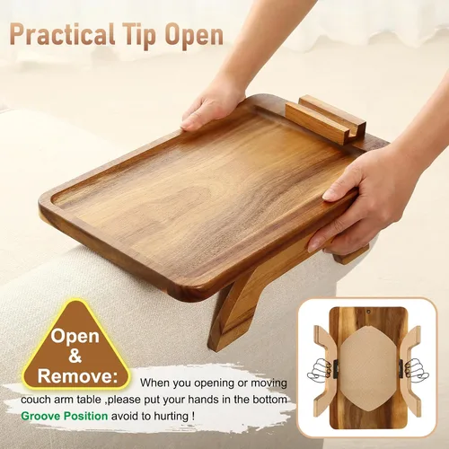 Vista 5 de SINWANT Mesa de Brazo para Sofá, Mesas de Reposabrazos de Sofá de Madera de Acacia, Mesa de Reposabrazos de Sofá con Soporte para Teléfono de 360°