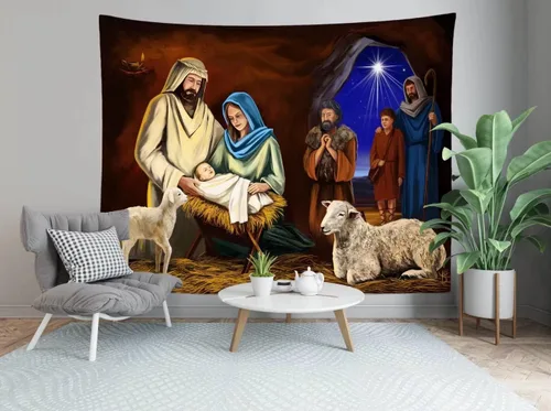 Vista 3 de CORFOTO Tela 60 pulgadas de ancho x 40 pulgadas de alto, tapiz para colgar en la pared, tapiz de pared cristiano de nacimiento de Jesús, pesebre