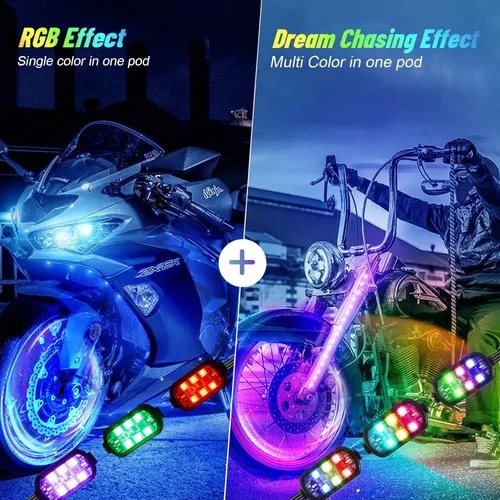 Vista 3 de Kit de 16 luces LED RGB perseguidoras para motocicleta para Harley Davidson Kawasaki Suzuki, kit impermeable de tiras de luces inferiores mágicas