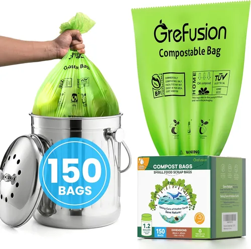Vista 11 de GreFusion Bolsas compostables para cubo de compost de cocina, 1.2 galones, 125 unidades, certificadas por BPI y ASTM, a prueba de fugas y control