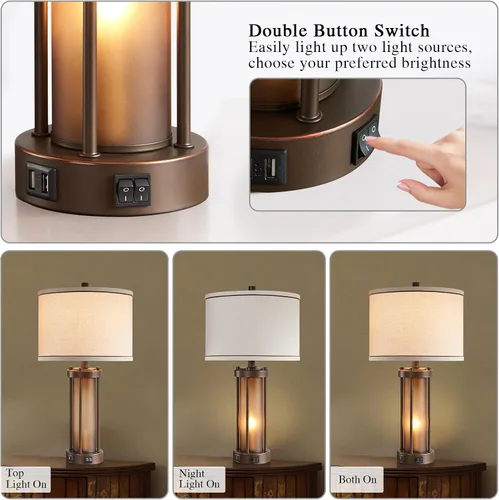 Vista 3 de Juego de 2 lámparas de mesa de estilo granja para sala de estar con 2 puertos de carga USB, lámparas rústicas vintage para mesita de noche con luz
