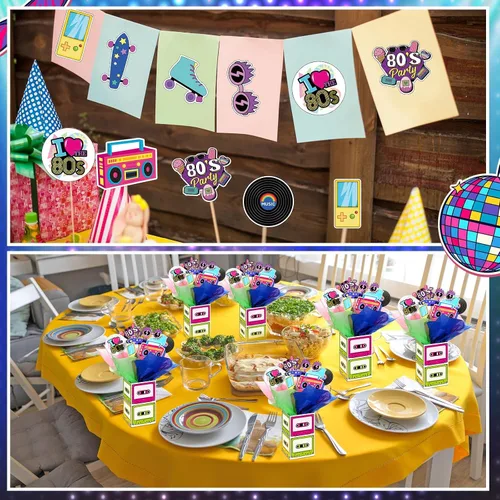 Vista 6 de 6 juegos de decoraciones retro de los años 80 para fiestas de los 80, centros de mesa retro de hip hop con caja de cinta de casete recortes y palos