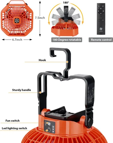 Vista 6 de Taingwei Ventilador portátil con control remoto para batería de litio BLACK+DECKER de 20 V, ventilador de camping con 3 ajustes de velocidad