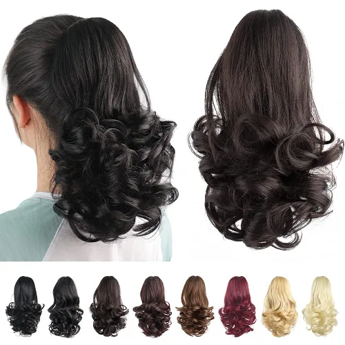 Vista 58 de Extensiones de cola de caballo, extensiones de cabello de cola de caballo con clip de garra marrón oscuro para mujer, pieza de cabello rizado