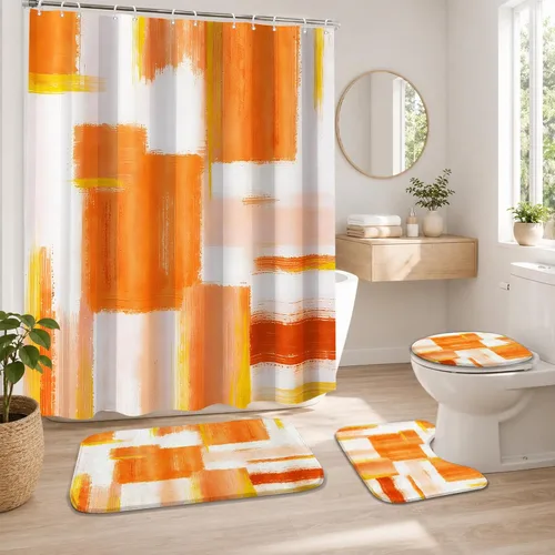 Vista 20 de Lnond 4 Piezas Juegos de Cortinas de Ducha de Baño Moradas con Alfombras, Arte de Pintura Púrpura y Gris Juegos de Baño con Cortina de Ducha