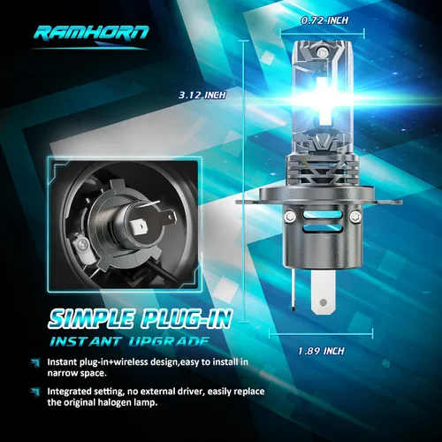 Vista 3 de RAMHORN Bombillas H4, bombillas 9003, 500% de brillo, diseño mejorado de 6500 K, luz antiniebla blanca fría Plug N-Play, paquete de 2