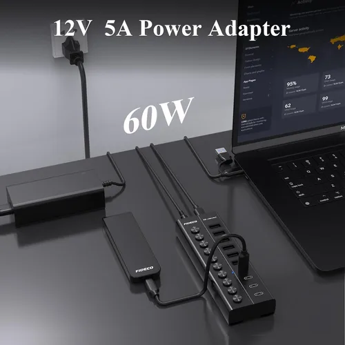 Vista 4 de FIDECO Hub USB alimentado de 60 W para laptop y PC, divisor USB de 10 puertos de 10 Gbps con adaptador de corriente de 12 V 5 A, adaptador