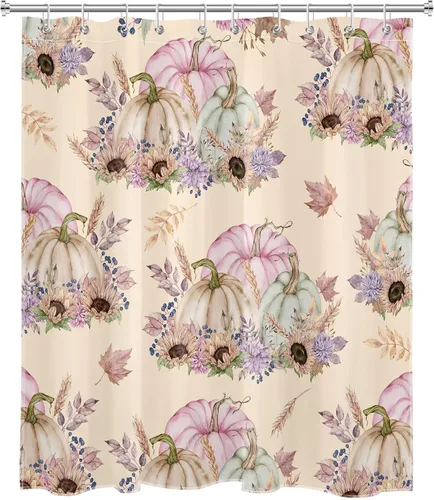 Vista 2 de LB Cortina de ducha de calabaza otoñal, calabaza en acuarela rosa con girasol sobre fondo beige, cortina de ducha de cosecha de otoño, decoración