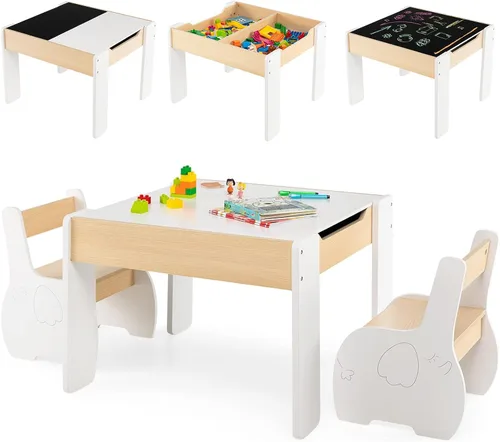 Vista 10 de Costzon Juego de mesa y silla para niños, mesa de actividades de madera 4 en 1 y 2 sillas con pizarra desmontable para arte, manualidades, dibujo