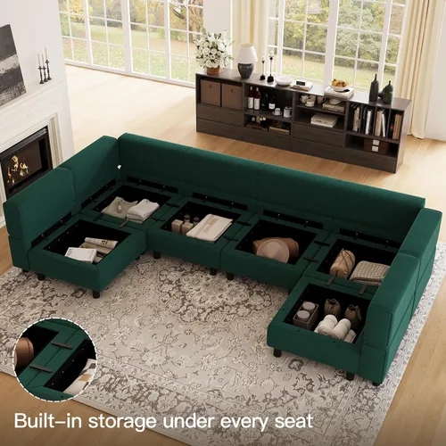 Vista 3 de Belffin - Sofá modular en forma de U, con asiento de almacenamiento, reversible, con tumbona, de terciopelo, color verde