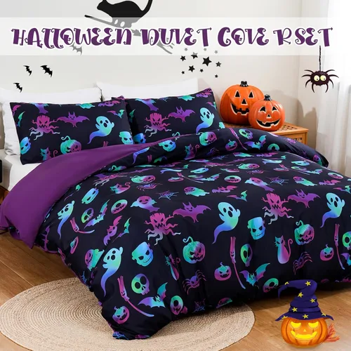 Vista 2 de Menghomeus Juego de ropa de cama de Halloween, tamaño King, color negro, juego de funda de edredón con diseño de calabaza y fantasma de dibujos