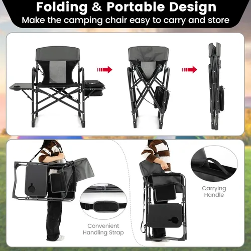 Vista 5 de Tangkula Sillas de campamento, silla de campamento plegable con mesa auxiliar, bolsa refrigeradora, silla de césped acolchada exterior portátil