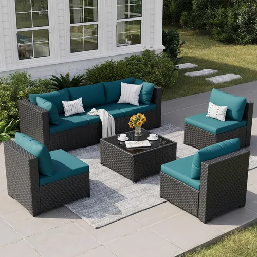 Vista 14 de Juego de muebles de patio, sofá seccional de mimbre para exteriores Beige/Negro