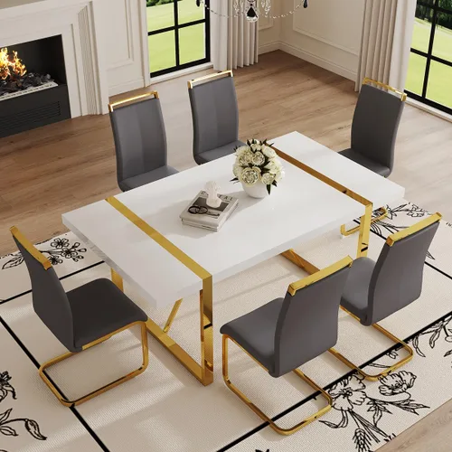 Vista 12 de Mesa de comedor Ebullient para 4, mesa de comedor rectangular negra de MDF, tapa de mesa de cena de mármol falso, mesa de comedor moderna con marco