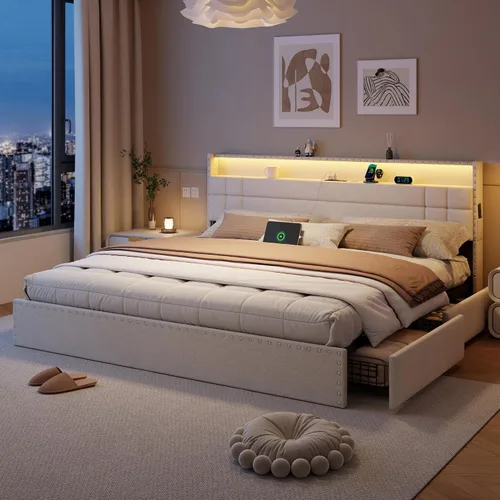 Vista 12 de Forestell Base de cama Queen con 4 cajones y cabecera de almacenamiento, base de cama tapizada tamaño Queen con luces LED y estación de carga Beige