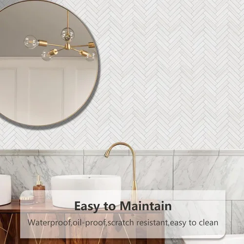 Vista 8 de Vamos Tile Azulejo Blanco Brillante de Dolomita Despegar y Pegar para Salpicaderas - 10 Hojas Azulejos de PVC Autoadhesivos en Espiga para Pegar