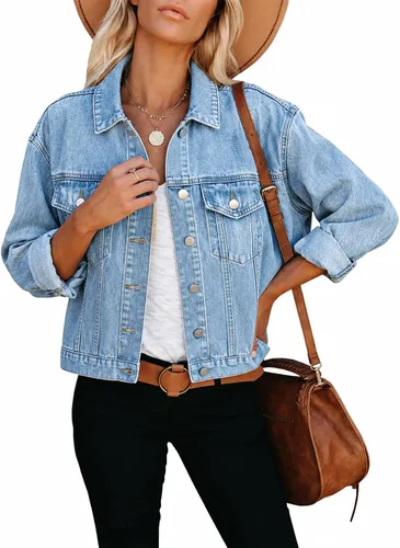 Vista 11 de Chaqueta de mezclilla para mujer, desgastada, con botones, con bolsillos.