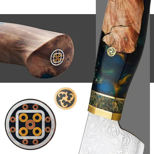 Vista 2 de Cuchillo de chef de 8 pulgadas, cuchillo de cocina profesional para chefs - AUS-10 japonés AUS-10 de 67 capas de acero de damasco - Mango de resina