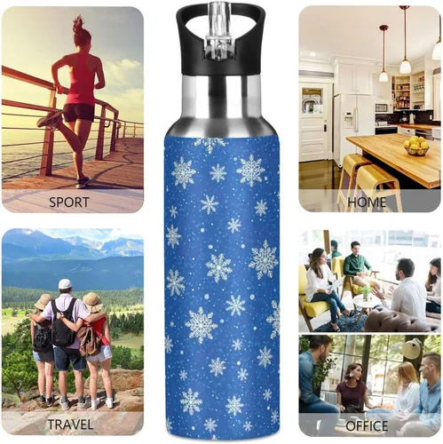 Vista 5 de White Snowflakes Blue Stainless Steel Vacuum Insulated Water Bottle 20 Oz Leakproof Water Bottles, BPA-Free Sport Water Bottle Insulated