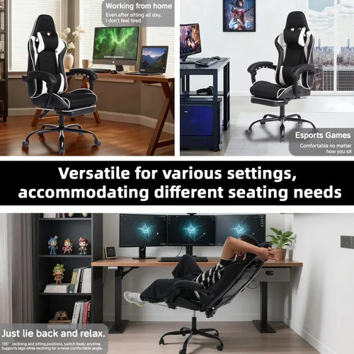 Vista 3 de Ergonomic Gaming Chair with Massage Lumbar Pillow, Reclining Racing Seat, Adjustable Footrest for PC Game Office, Black and White PU Leather