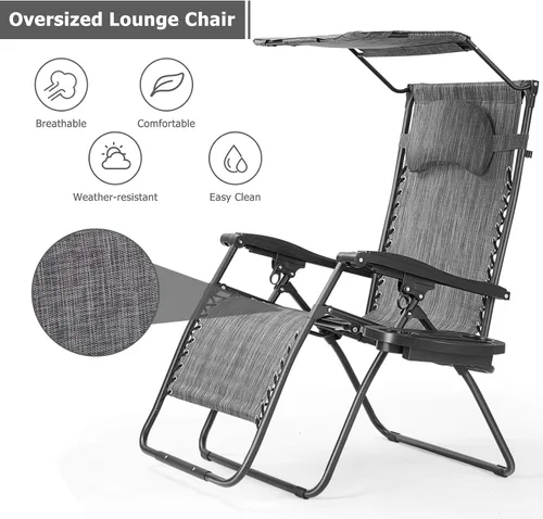 Vista 9 de HAPPYGRILL Zero Gravity - Sillón reclinable plegable para patio al aire libre, playa, patio, piscina, gris