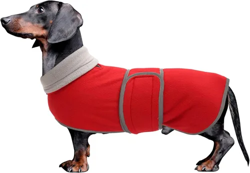 Vista 7 de Abrigos para perros salchicha Morezi de forro polar para invierno, ropa para dachshund miniatura con cierre de gancho y bucle y ribete reflectante
