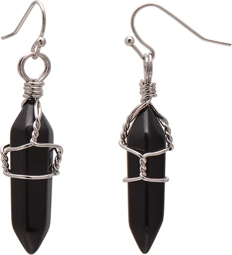 Vista 21 de Pendientes de cristal de punta envuelta en alambre de piedra pulida para mujer Reiki Energy Healing