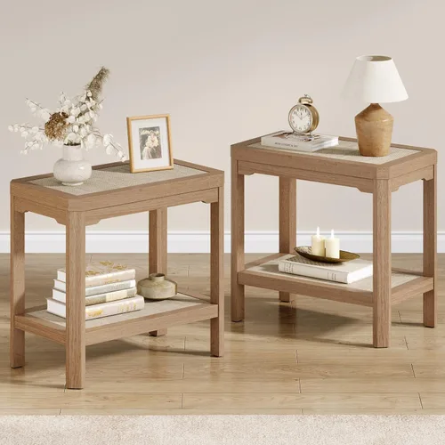 Vista 14 de Eclatara Mesitas de noche de ratán, mesa auxiliar de 2 niveles para dormitorio, mesa auxiliar de polígono decorativa para espacios pequeños, mesa