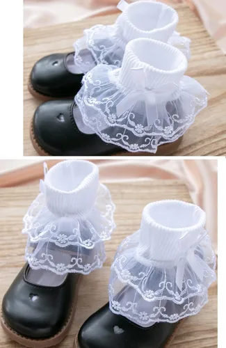 Vista 3 de Twtility Calcetines de encaje con volantes para niñas pequeñas, vestido de princesa, doble encaje de algodón con volantes blancos
