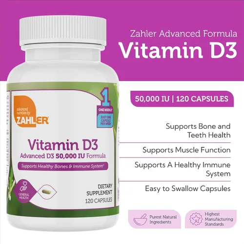 Vista 3 de Vitamina D3 de Zahler con 50,000 IU. Suplemento de 120 cápsulas para el huesos, dientes y sistema inmune. Fórmula avanzada centrada