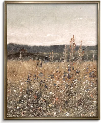 Vista 57 de Pintura vintage de paisaje de campo de flores silvestres, arte de pared de paisaje rural de granja, impresión artística de paisaje de jardín