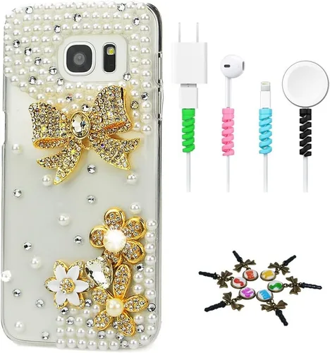 Vista 5 de Sparkle Funda compatible con Samsung Galaxy J2 Prime – Elegante funda con diseño de lazo 3D hecha a mano con protector de cable [4 unidades] – Rosa