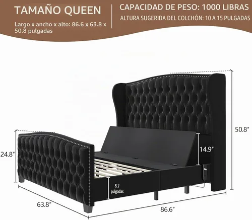 Vista 2 de LUXOAK Base de cama ajustable tamaño Queen con cabecero copetudo y respaldo de ala, base de cama ajustable inteligente con doble motor y control
