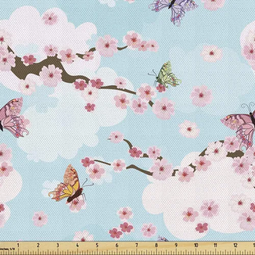 Vista 90 de Ambesonne Tela para Amantes de los Perros por Yarda, Perro Salchicha de Dibujos Animados Dachshund Cachorro con Pijamas a Rayas Flores y Mariposas
