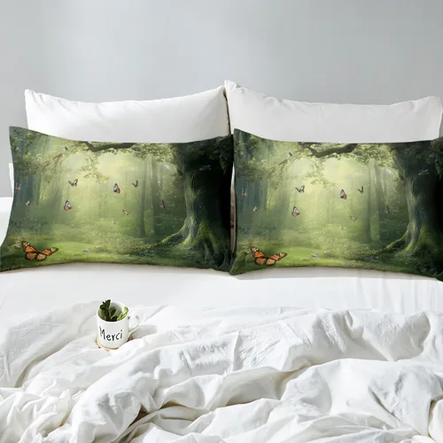 Vista 4 de Juego de sábanas bajeras de selva tamaño individual, diseño de mariposas de ensueño, para niños, niños, ramas de árbol, juego de decoración de cama