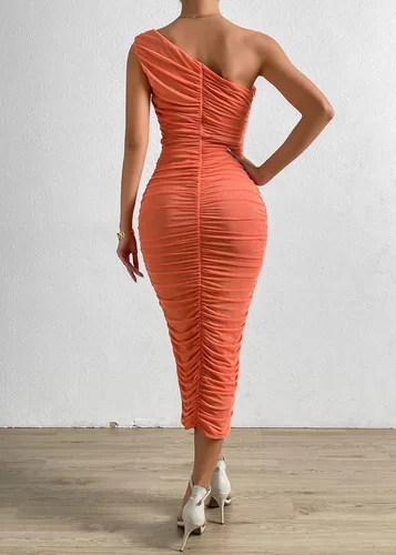 Vista 2 de Pofash Vestido para mujer sexy, entallado y con un hombro descubierto, longitud por debajo de la rodilla, de tul fruncido, para fiesta y cóctel