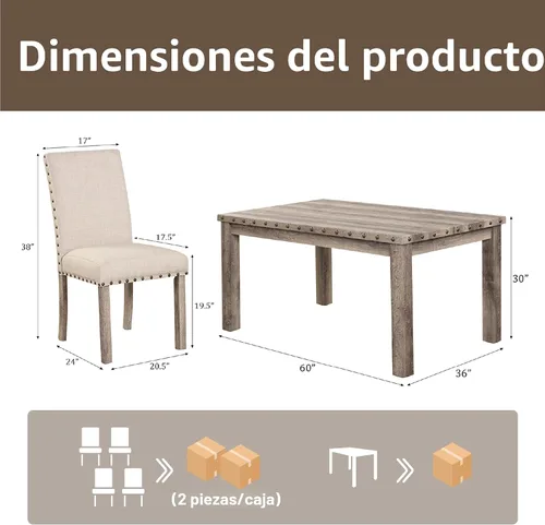 Vista 2 de Morden Fort Juego de Comedor Estilo Granja para 4, Mesa Rectangular de Madera de 60" y 4 Sillas Tapizadas con Detalles de Tachuelas, Juego de Mesa