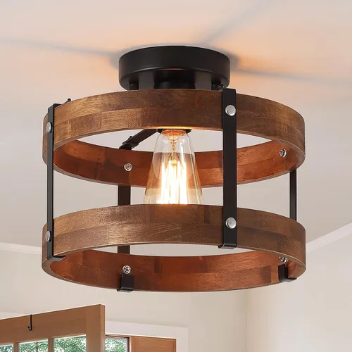 Vista 8 de 4-Luz Rústica Lámpara de Techo de Granja de Madera con Montura Empotrada 14.17 Pulgadas de Madera de Roble y Metal con Jaula de Nubes Semi Empotrada
