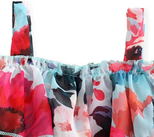 Vista 8 de Nutyomi Vestido de verano para niñas pequeñas para el regreso a la escuela, con tirantes de gasa, con volantes, elegante vestido de verano