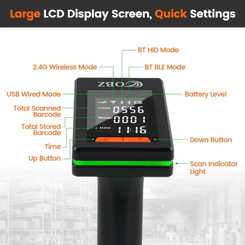 Vista 2 de OBZ Escáner de código de barras Bluetooth 2D con pantalla LCD grande de 2.4 pulgadas, inalámbrico 3 en 1 y Bluetooth y USB, escáner de imagen