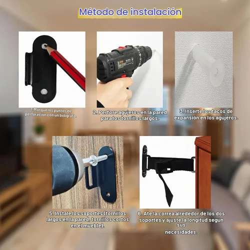 Vista 6 de Anclajes antipunta para muebles (2 juegos), anclaje de pared resistente para muebles, correas ajustables para terremotos, anclajes de muebles