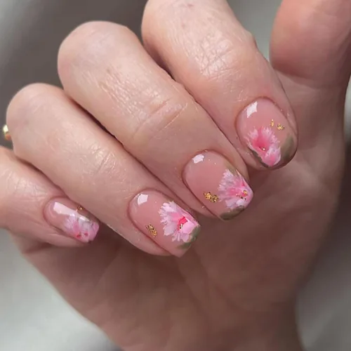 Vista 15 de Uñas postizas a presión con punta francesa verde, uñas postizas cuadradas cortas con diseños de cuentas de flores en 3D, uñas de verano, uñas Verde