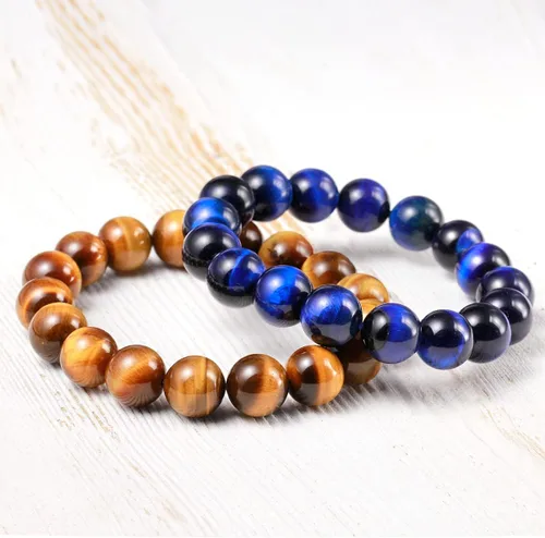 Vista 4 de Pulsera elástica de cuentas redondas lisas de ojo de tigre, unisex (varias piezas), Gema, Ojo de tigre