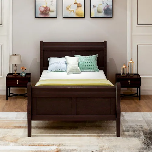 Vista 3 de Knocbel Base de cama de plataforma de madera con cabecera y estribo de trineo, capacidad de 200 libras, tamaño individual (espresso)