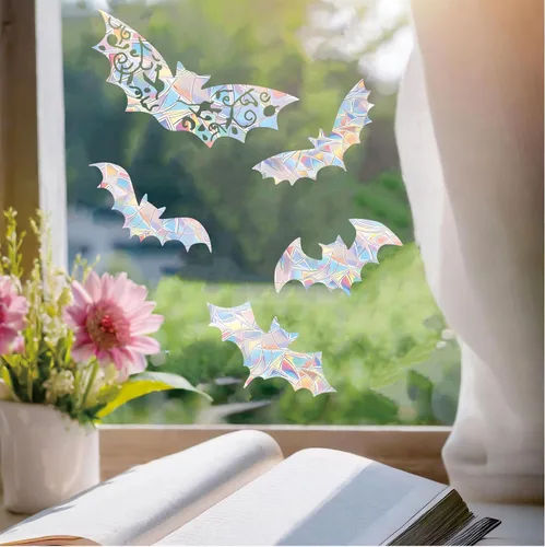 Vista 5 de 15 piezas de calcomanías de murciélago de Halloween para ventanas para evitar que los pájaros golpeen las ventanas, calcomanías atrapasueños arco