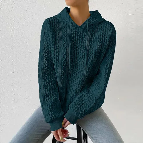 Vista 3 de Sudaderas con capucha de punto gofre para mujer, estilo casual, con cordón, talla grande, lisa, cuello redondo, ropa preparatoria