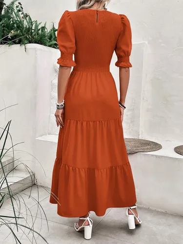 Vista 53 de BTFBM Vestidos para mujer, cuello redondo, casual, de verano, con volantes, manga corta, bohemio, con niveles, fruncido, largo, con estampado floral